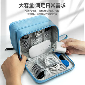 Bolsa de almacenamiento de accesorios digitales azul cielo para cables y dispositivos electrónicos, organizador de doble capa, material duradero de piel de oveja, para negocios - Product Image 4