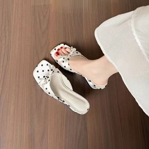 Sandalias Plateadas con Puntos, Tacón Cuadrado, Punta Abierta, Decoración de Lazo, Elegantes Zapatos de Verano para Mujer - Product Image 3
