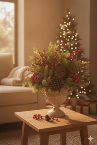 Centre de table vintage d'hiver en verdure artificielle, arrangement de cône de pin, baies rouges et cèdre pour la décoration de cheminée de Noël style ferme - Product Image 3