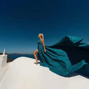 Nuevo Vestido Elegante Color Verde Azulado para Sesión de Fotos en Santorini, Vestido Largo con Cola Fluida para Mujer, Vestido Maxi sin Espalda para Fiesta de Noche - Product Image 1