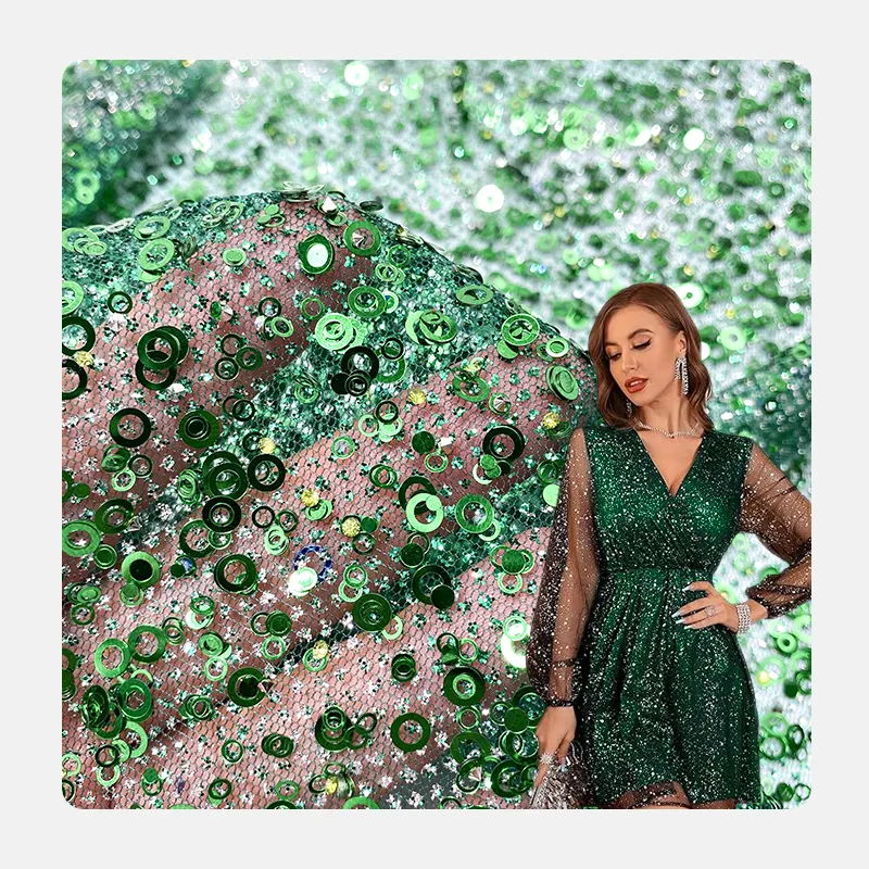 Beautiful Sequin Diamond Fabric Manufacturer in-stock Wholesale Small Diamonds Beads Green Sequin Net Fabric