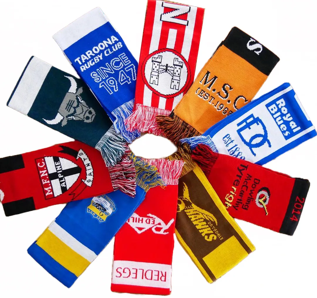 Personalizzato all'ingrosso Sport Supporter Knitting Acryl Team Jacquard per club di calcio Fan Soccer acrilico sciarpa da calcio invernale