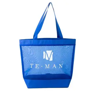 custom logo Dark blue nylon mesh bag tote shopping bag foldable use for beach bag reusable Mesh