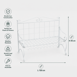 Banc de jardin en fer forgé d'extérieur avec <span class=keywords><strong>support</strong></span> pour plantes, dossier en treillis grillagé, étagère à motifs et <span class=keywords><strong>support</strong></span> pour plantes grimpantes, écologique et durable - Product Image 2