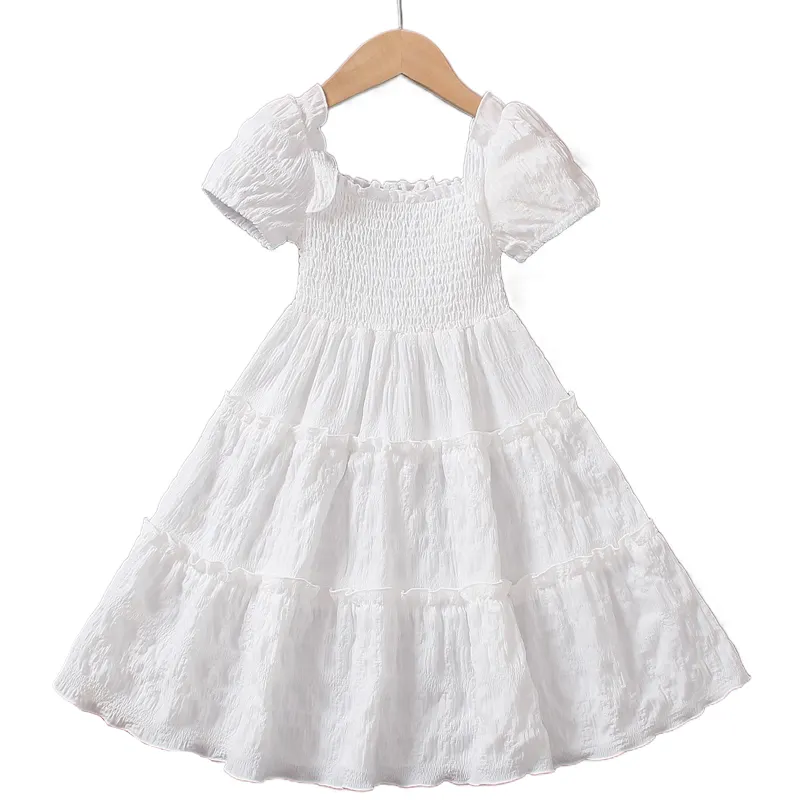 Vestidos de niña Boda Laciness Puff Linterna Manga Arrugas elásticas Niños Vestido blanco para niñas