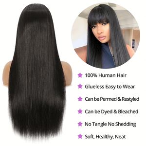 100% Human Hair Long Length Silky <b>Wig</b> Human Hair Double Drawn Ready to Wear Bone Straight <b>Wig</b> With Fringe Bangs for Black Women - Product Image 3