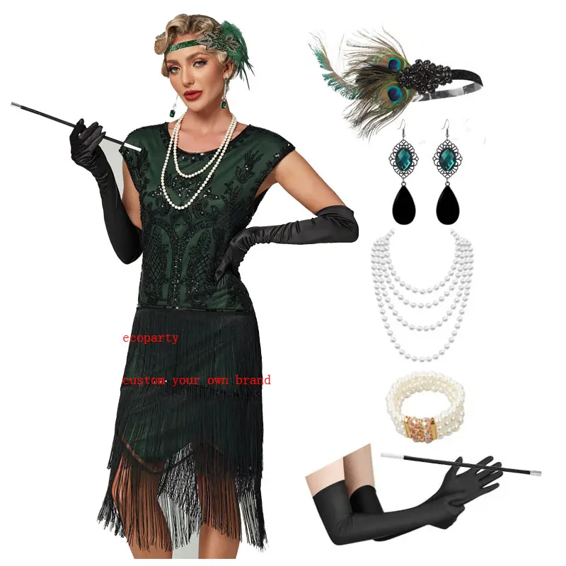 Ecoparty 1920s gaun koktail wanita, gaun cocktail panjang berjumbai Gatsby payet bermanik seni Vintage dekorasi