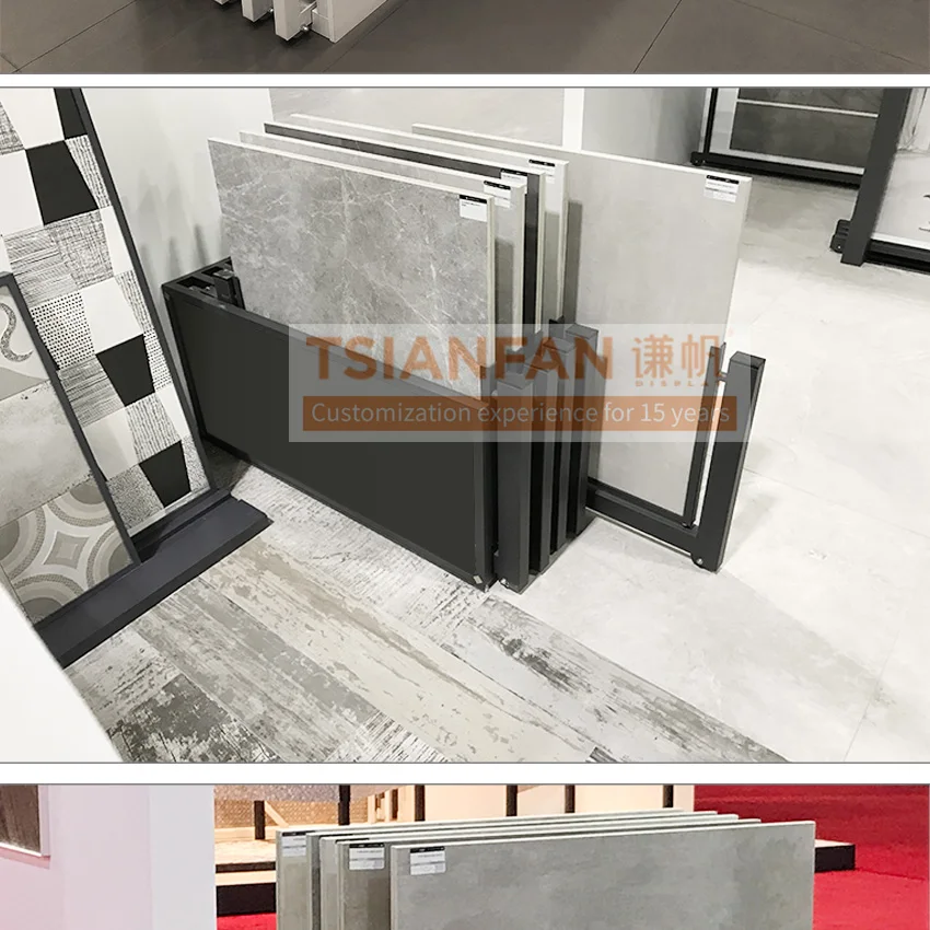 Tsianfan Floor Adjustable Ceramic Tile Display Rack Stone Marble Stand Slab Quartz Granite Sliding Display Racks Rotate Showroom