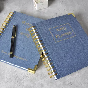 Custom 2023 2024 Planner Manufacturers Business Diary Journal A4 A5 Hardcover Blue Denim Fabric Spiral Binding Bound Notebook