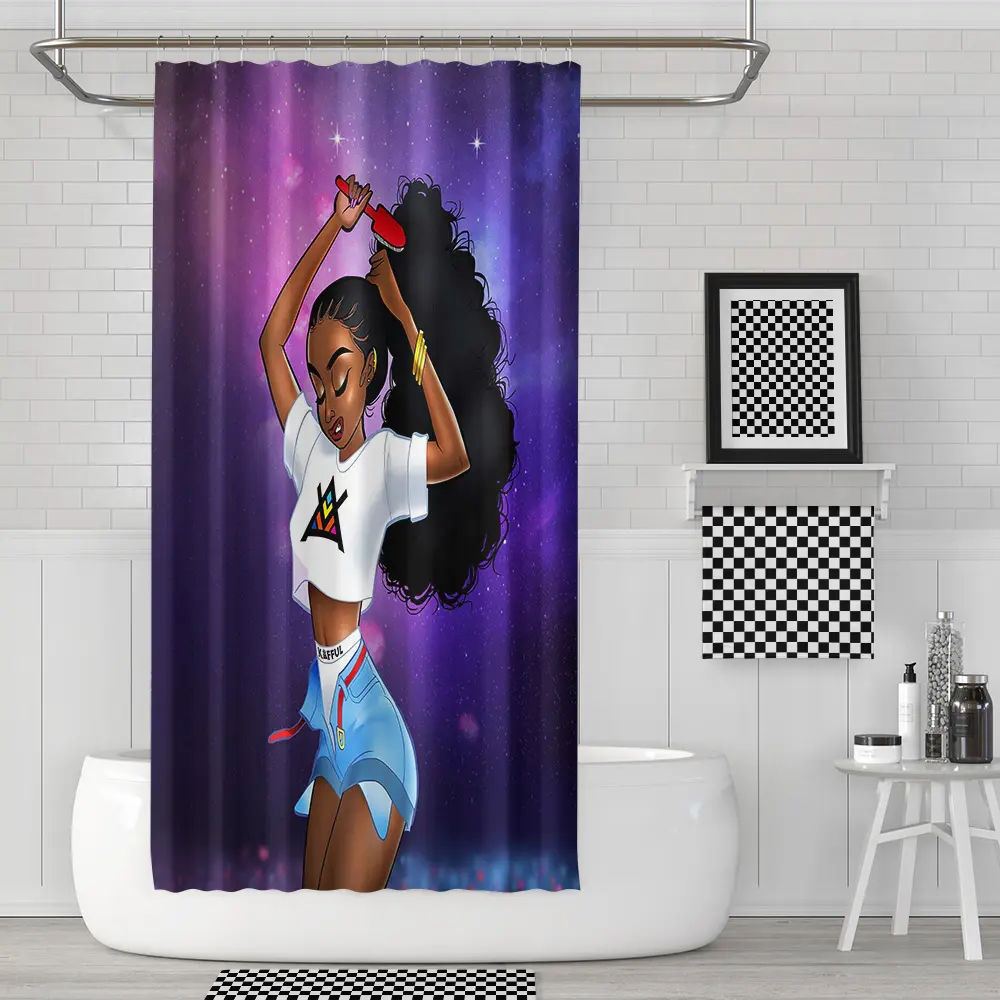 3d ดิจิตอลพิมพ์บุคลิกภาพแอฟริกันสาวออกแบบที่กำหนดเองม่านอาบน้ำกันน้ำม่านห้องน้ำขายส่ง