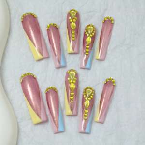 Venta al por mayor de pegatinas de uñas acrílicas de alta gama, hechas a mano, uñas postizas cuadradas largas de cobertura completa, con diseños de diamantes de imitación personalizables. - Product Image 2