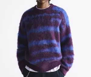 Custom OEM & ODM Men Mohair Sweater Fuzzy Jacquard Knit Long Sleeve Knitwear Winter Crew Neck Pullover Knitted Mohair Sweater