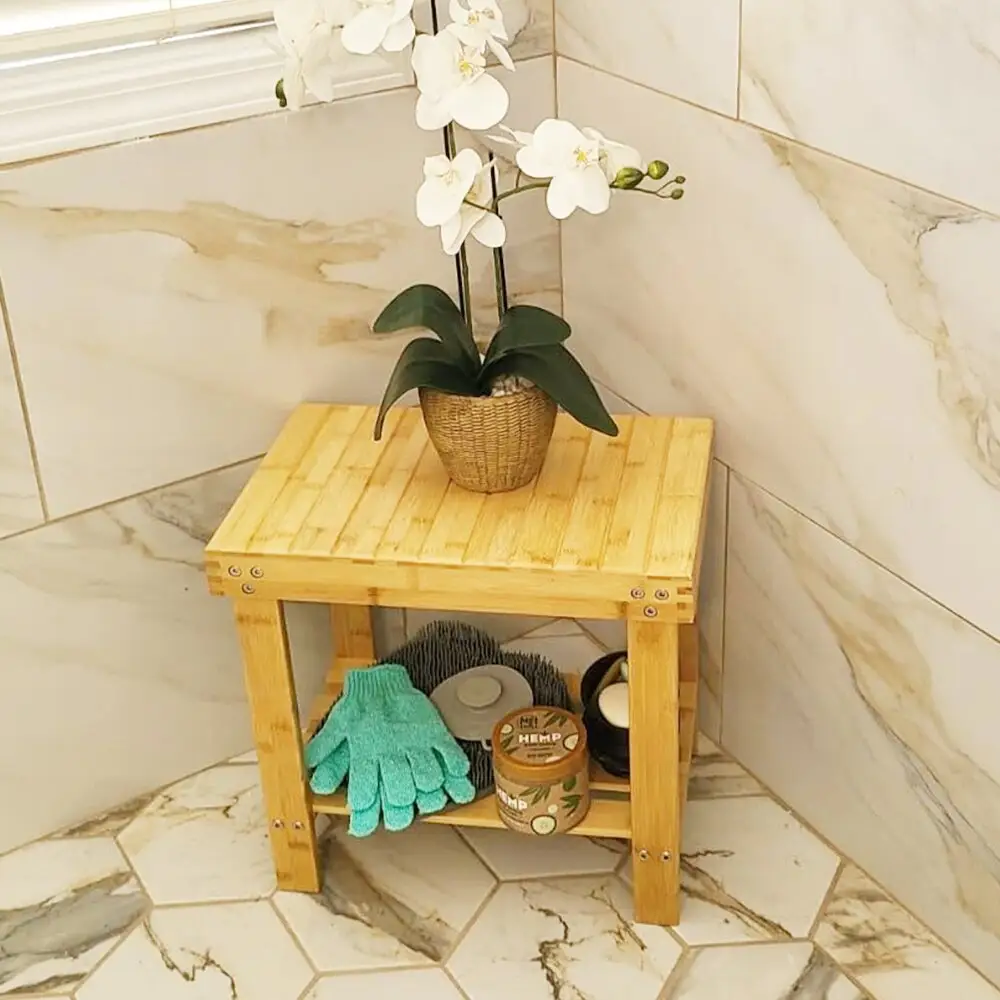 사용자 정의 수액 벤치 나무 단계 코너 샤워 시트 의자 욕실 대나무 티크 샤워 벤치 보관 선반