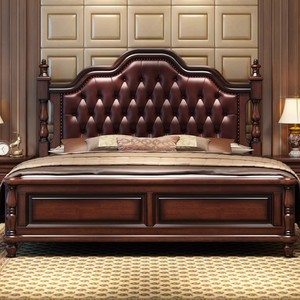 Juego de Muebles de Dormitorio Americano de Lujo Ligero, Moderno, Sencillo, Rústico, de Madera Maciza, Cama Doble Retro, Cama de Madera Suave-333 - Product Image 1