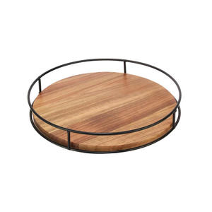 Bandeja giratoria de almacenamiento de madera maciza de forma redonda personalizada, estante giratorio para especias de cocina con lado de Metal - Product Image 2