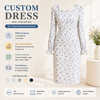 Robe midi crayon décontractée pour femme en mousseline blanche à motif floral bleu clair, col carré, manches bouffantes ajustées et poignets à volants