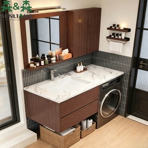 <span class=keywords><strong>Mobile</strong></span> <span class=keywords><strong>Bagno</strong></span> Moderno Minimalista in Pietra Sinterizzata SLS <span class=keywords><strong>con</strong></span> Spazio per Lavatrice, <span class=keywords><strong>Mobile</strong></span> Sospeso Personalizzato Effetto Legno - Product Image 4