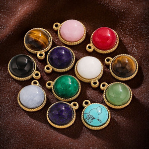 Round Natural Stone Pendant PVD Gold Stainless Steel Charm: Turquoise Onyx for Necklace <b>Bracelet</b> Earring Making - Product Image 3