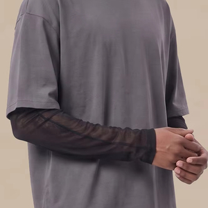 Camiseta Oversize 2 en <span class=keywords><strong>1</strong></span> para Hombre, Manga Larga de Malla, Hombro Caído, Estilo Urbano, Lisa para Estampar, 100% Algodón, Negro Carbón - Product Image 1