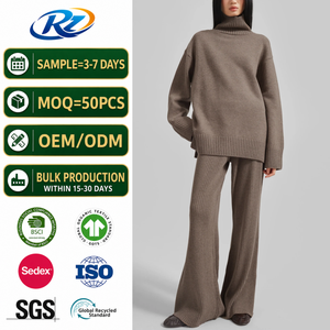 Premium <strong>Ladies</strong> Fine-Ribbed <strong>Jersey</strong> Jumper High Collar Slit Hem Drape Flare <strong>Trouser</strong> Suits Soft Cozy Relaxed Activewear - Product Image 1