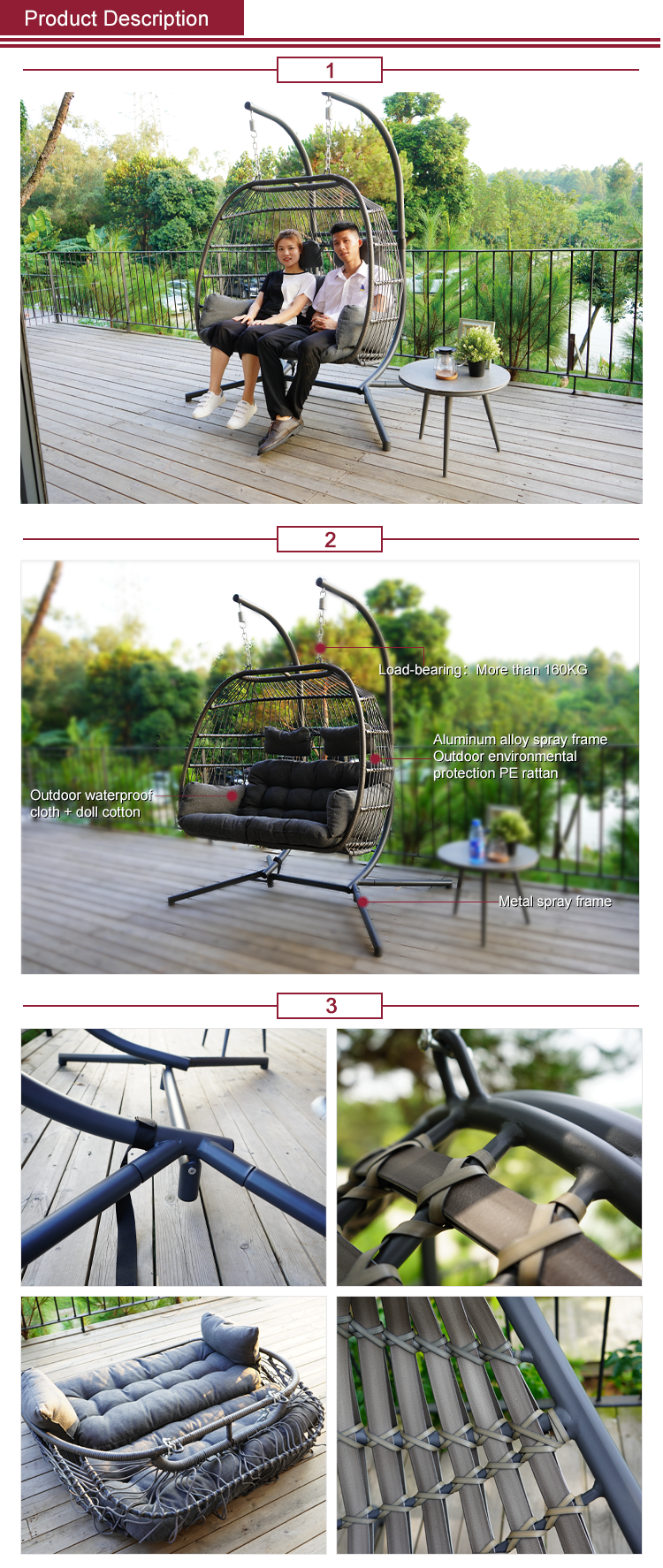 Indoor Outdoor Garden Balcony Hanging Swing Chair Patio Rattan Wicker Two Sets Swing Chair