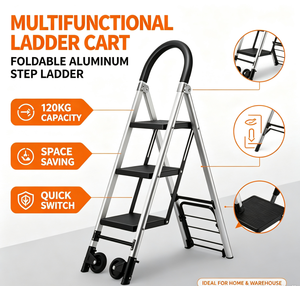 Échelle pliante en aluminium à 3 <span class=keywords><strong>marches</strong></span> avec roues, <span class=keywords><strong>escabeau</strong></span>-chariot <span class=keywords><strong>2</strong></span>-en-1 pour la maison, la cuisine, le jardin et les projets de bricolage - Product Image 1