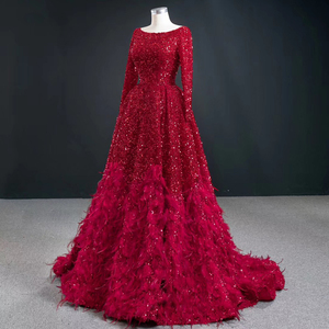 ClassicalParty Dress With <strong>Red</strong> <strong>Sequins</strong> Long Sleeve Feather Bead A-Line Lady Evening Dress 2022 - Product Image 1