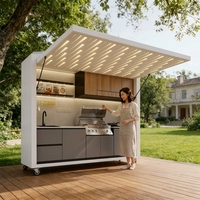 Cuisine extérieure modulaire mobile moderne en acier inoxydable avec barbecue, armoire de rangement à 4 tiroirs, auvent perforé et poste de cuisson roulant