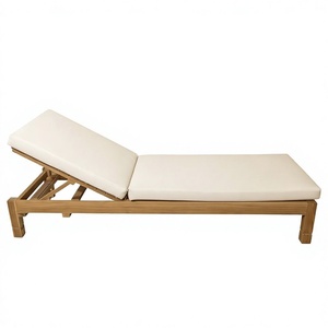 Minimalist Solid Teak <b>Sun</b> <b>Lounger</b> Adjustable Slatted Backrest Weatherproof Cream <b>Cushion</b> Outdoor Poolside Patio Chaise Lounge - Product Image 1