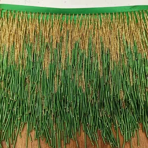 Latest Handmade Crystal Rhinestone Clothing Lace Beaded Fringe Trimming Gold Green Tassel Fringe