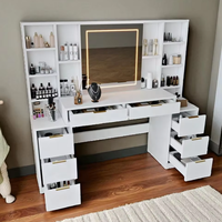 Coiffeuse en chêne sur mesure, robuste, avec miroir et éclairage, 8 tiroirs, étagères ouvertes et LED réglables pour chambre à coucher
