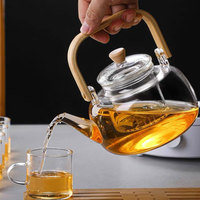 Théière en verre borosilicate de 1L, fabriquée à la main, soufflée à la bouche, écologique, résistante à la chaleur, ensemble de thé aux fleurs, couvercle en bambou de luxe