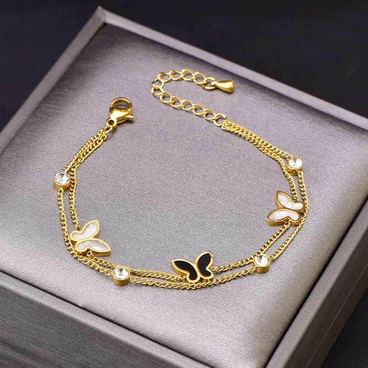 Unique Design Fashion Jewelry Double Chain Stainless Steel Gold Black White Fritillary Adjustable Zircon Women Luxury Bracelet