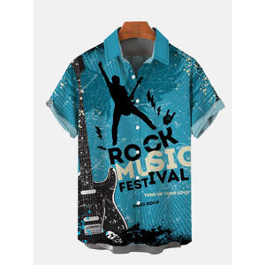 Camicia Hawaiana Estiva da <span class=keywords><strong>Uomo</strong></span> 2026 con Stampa Vintage Chitarra, Grafica Simbolo della Pace e Corvo, a Maniche Corte, con Bottoni, Casual da Spiaggia - Product Image 2