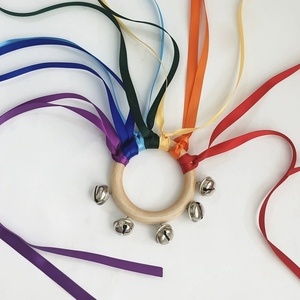 Wholesale Natural <b>Wood</b> Hand Shake Bells With <b>Rainbow</b> Silk Ribbon Orff Percussion Instrument For Infant Sensory Hand Shaker - Product Image 3