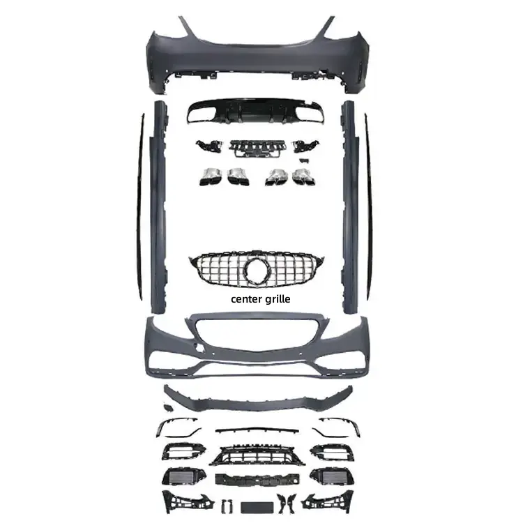 W205アップグレードC63スタイルボディキットCクラスカーバンパー用サイドスカートグリルボディキットを交換