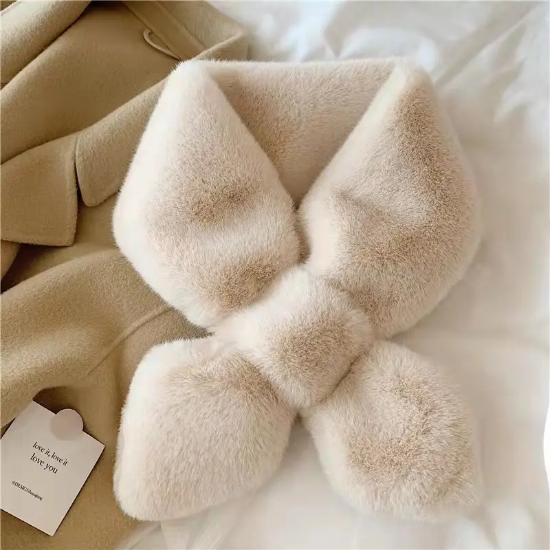 New Designer Winter Autumn Plush Faux Rabbit Fur Thicken Soft Cross Bowknots Downy Solid Color Scarf