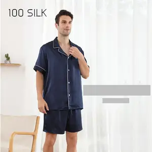 Özel lüks pijama ekstra yumuşak 100% saten ipek kısa pijama erkekler için 2 parça Set