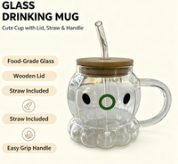 Mug en verre borosilicate transparent fait main, motif pieuvre et citrouille, avec couvercle en bambou et paille, écologique
