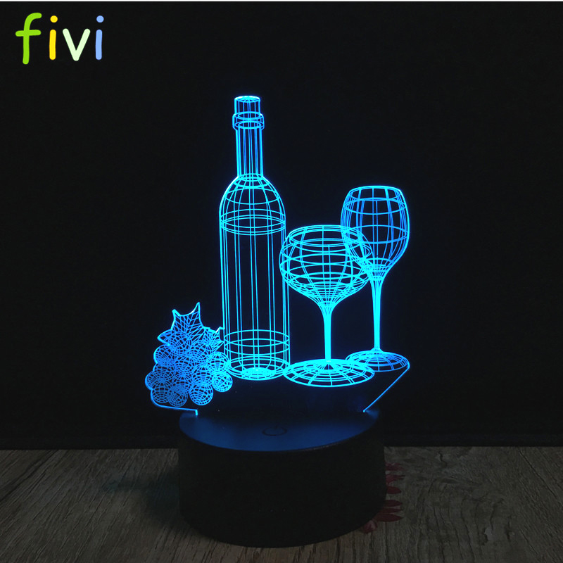 Luminária led 3d para garrafa de vinho, copo de vinho, rgb, luz noturna ilusão, decoração para bar e vinho, mudança de 7 cores, lâmpada de mesa