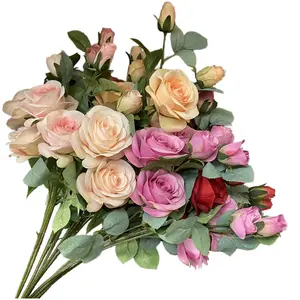 Vendita calda ramo lungo quattro rose testa reale tocco artificiale fiori di rosa per la disposizione fotografia di matrimonio