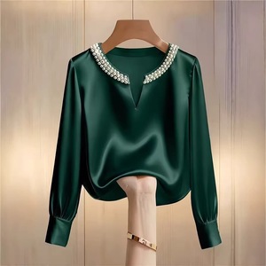 Camisa de manga larga con cuello en V de satén con perlas y cuentas, estilo francés de alta gama, para mujer, Colección Primavera 2026 de Independent <span class=keywords><strong>Site</strong></span> Wish - Product Image 3
