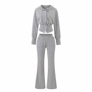 Conjunto Casual de Verano para Mujer de Dos Piezas con Sudadera con Cintura Ajustada y Pantalones Acampanados con Puños Acanalados de Poliéster Transpirable - Product Image 4