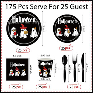 Halloween Disposable Tableware <b>Set</b> Paper Plates <b>Cups</b> Napkins With Cutlery Party Supplies For Halloween Celebration - Product Image 2