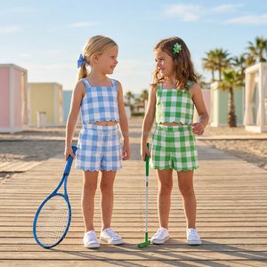 Conjunto de Ropa Deportiva para Niños, Diseño a Cuadros, Nylon y Spandex, Pantalones Cortos y Camiseta sin Mangas, Patrón Personalizado para Deportes Escolares y Uso Diario - Product Image 2