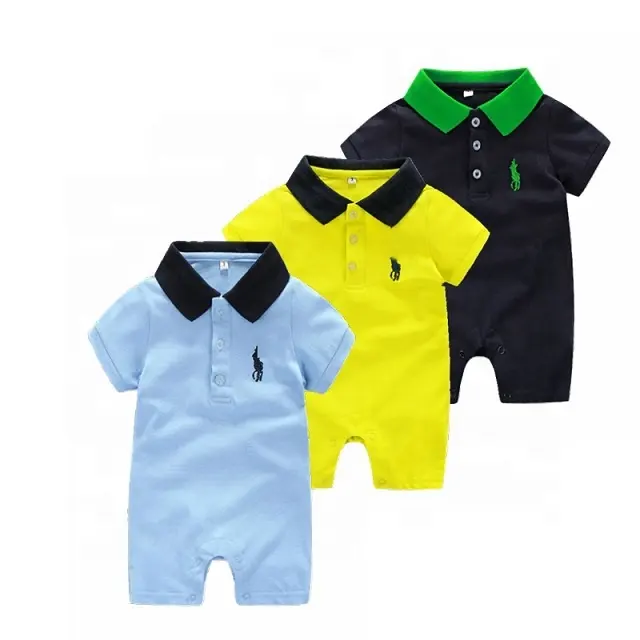 Macacão infantil de manga curta e com gola, conjunto de pijama macio amarelo em 100% algodão, em cor lisa para bebês, macacão com manga curta