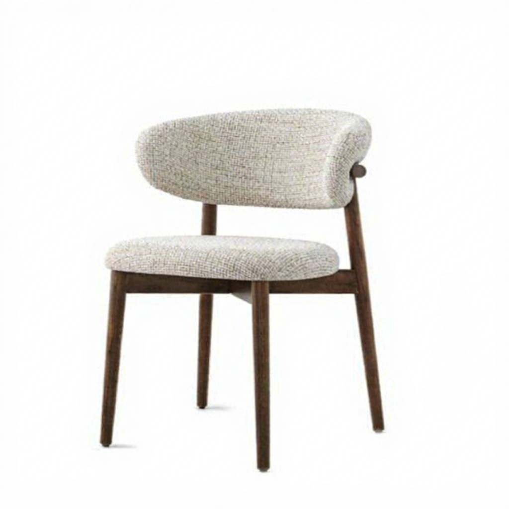 Chaise de salle à manger en tissu blanc, avec structure en noyer et assise en raphia.