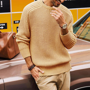 Pull à la mode à manches longues et col rond de couleur unie pour hommes, pull en tricot rétro américain ample - Product Image 4