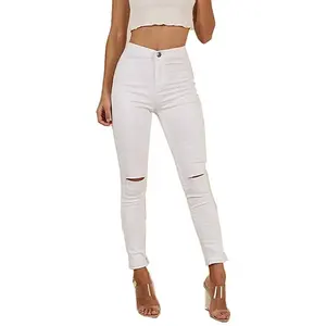 Pantalon en jean stretch taille haute pour femme, coupe slim, déchiré, blanc