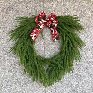 Artificial Pine Needle Christmas <b>Wreath</b> With Red Bow Decoration For Holiday Doorway Decor 24 In - Product Image 1